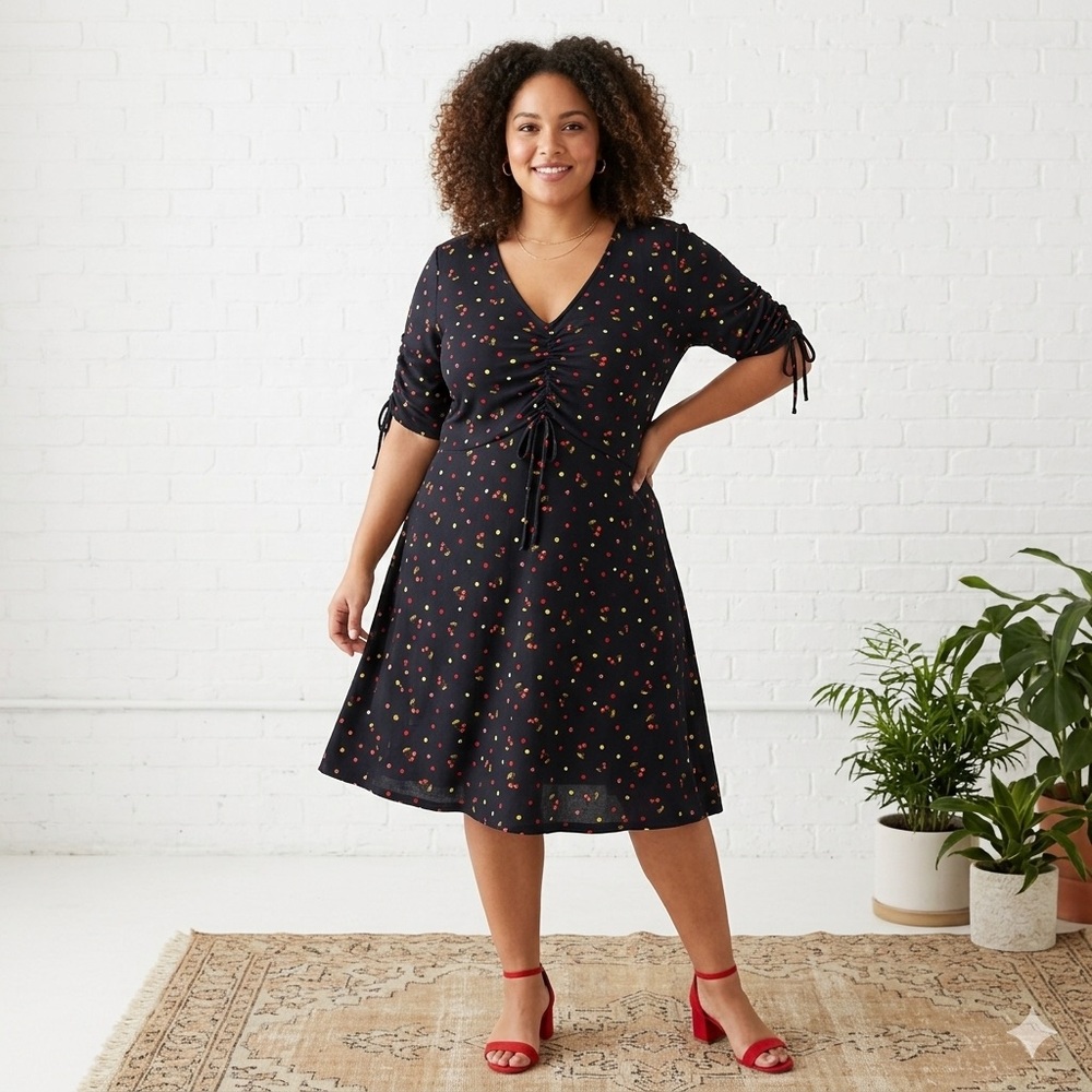 LC Lauren Conrad Black Cherry Print Dress XL Ruched Mini Rockabilly Retro Pinup - Picture 2 of 14